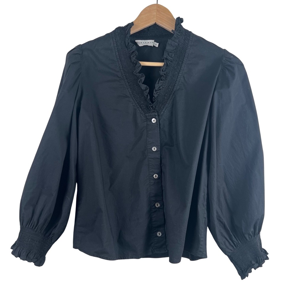 Harshman Black Cotton Ruffle V-Neck Puff Sleeve Smocked Blouse Womens Small